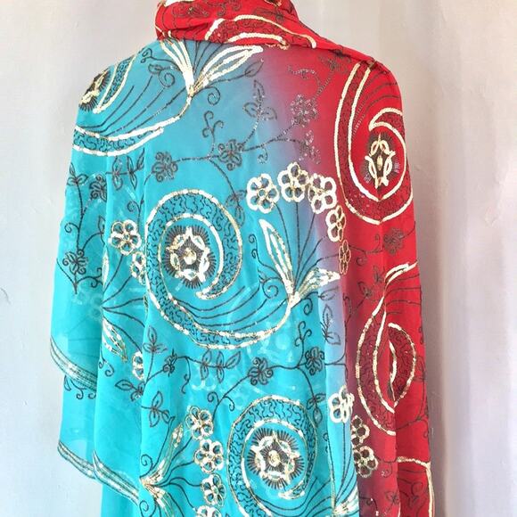 Sari fabric sequins embellished turquoise red EUC - Picture 7 of 8